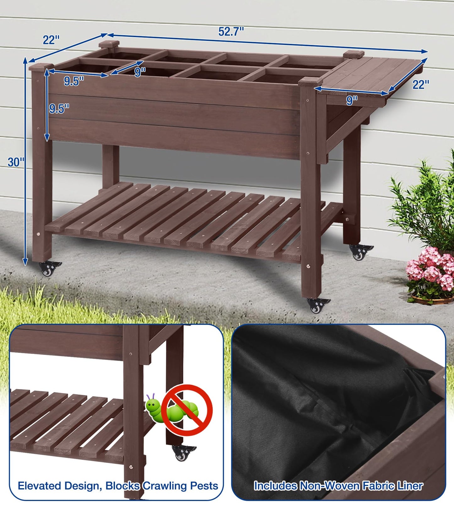 Joyqinchen Raised Garden Bed Outdoor with Wheels, 52.7" Elevated Wooden Garden Bed with 8 Planter Boxes, Removable Dividers, Storage Shelf, Standing Mobile Planter with Non-Woven Liner