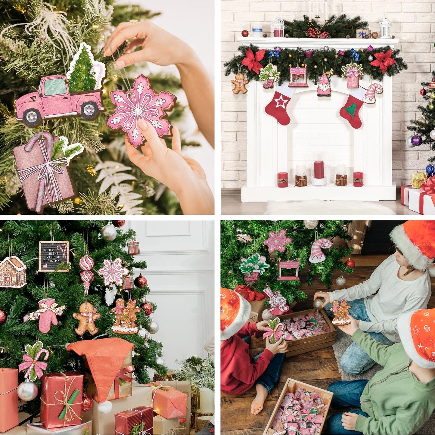 Huwena 40 Pcs Christmas Wooden Ornaments Winter Decorations for Xmas Tree Gingerbread Nutcracker Snowman Gnome Wood Cutouts for Small Tree Wreath Decor(Pink Pastel,Nutcracker & Gingerbread)