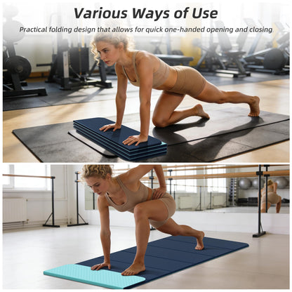 HAHE Foldable Yoga Exercise Mat, 74"Lx32"Wx1/3"Thick, TPE Multi-purpose Workout Mats with Non-slip Surface, Portable for Yoga/Pilates/Studio/Home Gym (Navy Blue+Green)