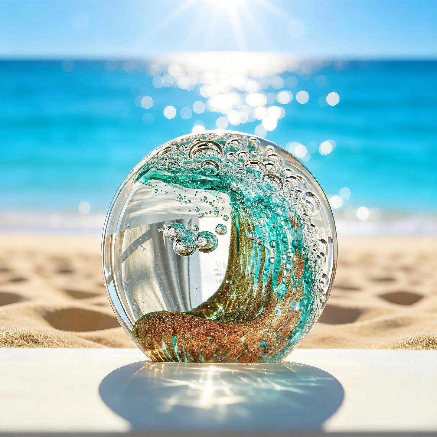 H&D HYALINE & DORA 2.3 Inch Hand Blown Crystal Ball Ocean Waves Glass Ball Paperweight Aquarium Office Decorative Balls Ocean Lovers Gifts(Green)
