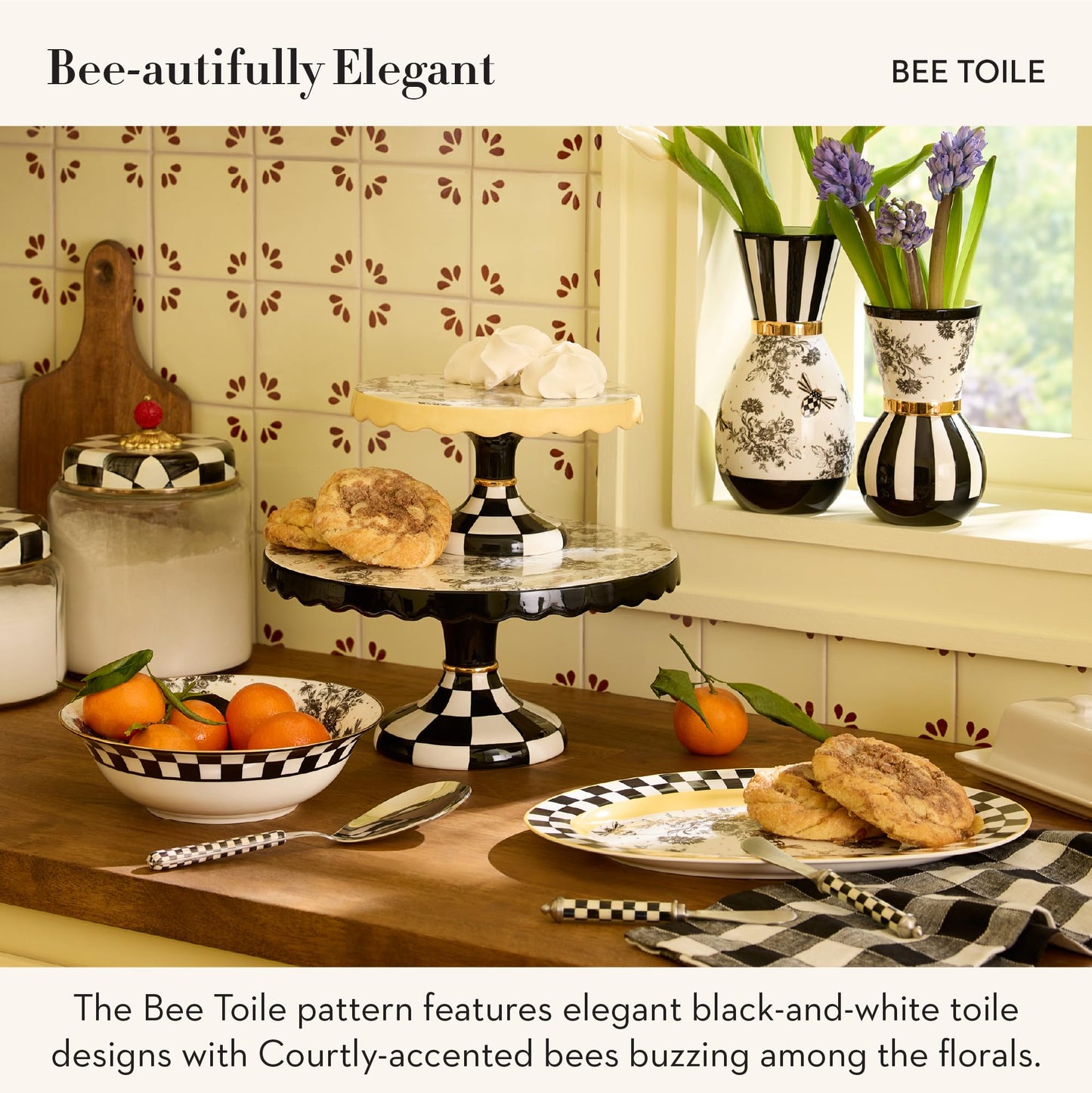 MACKENZIE-CHILDS Porcelain Salt and Pepper Shaker Set, Ceramic Salt and Pepper Holders, Bee Toile