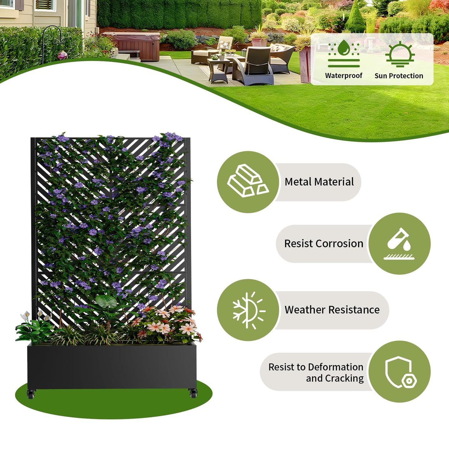 Metal Planter Box with Trellis and Wheels, 73"x47"x16" Galvanized Steel Raised Garden Bed with Drainage Holes, Outdoor Planter with Privacy Screen Function for Climbing Plants and Vines, Black