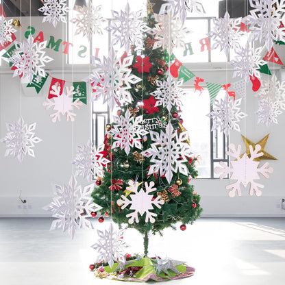 12PCS Winter Christmas Hanging Decorations - 3D White Paper Snowflake Garland with Snowflake Banner for Christmas Holiday Winter Wonderland Frozen Party Decorations