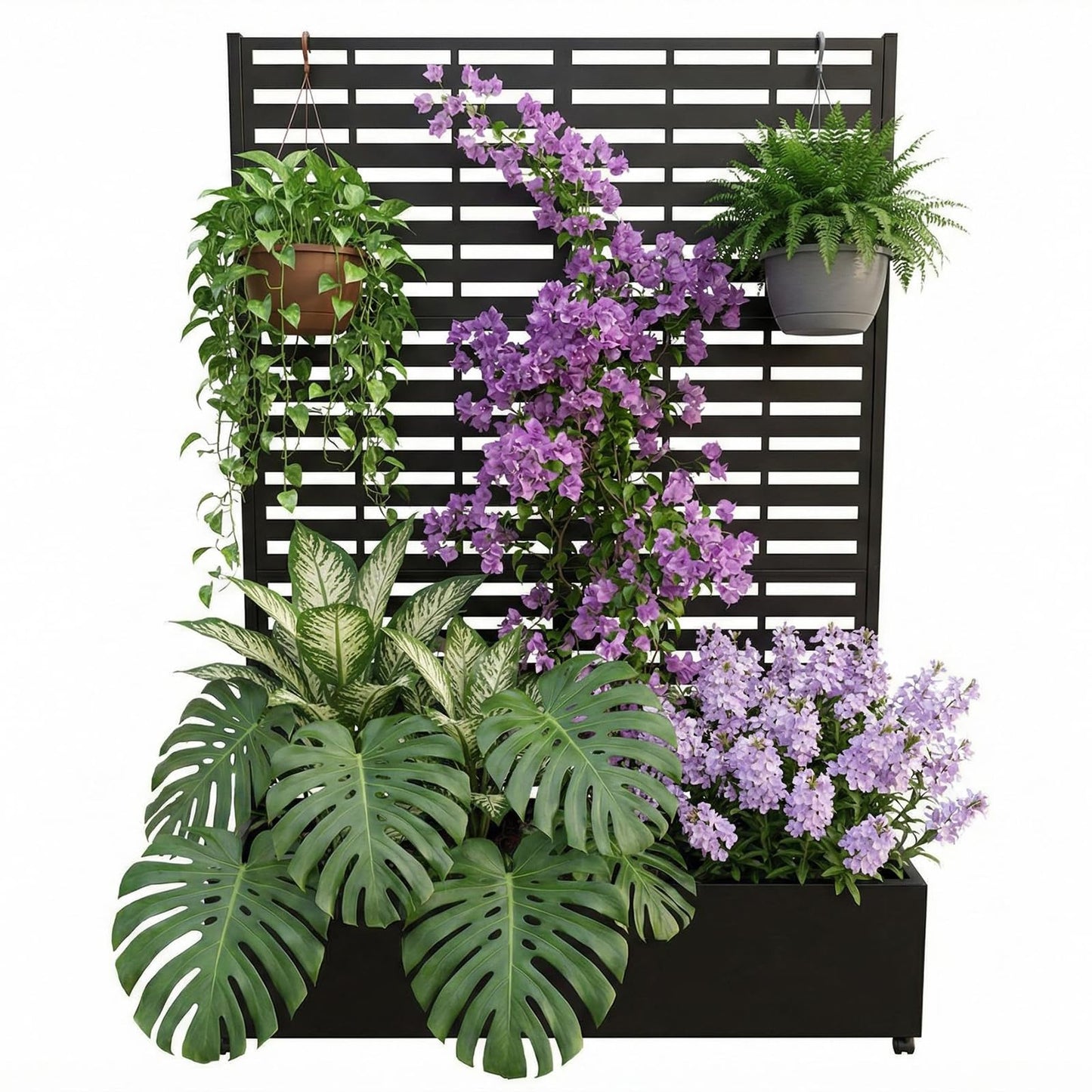 Garvee Metal Planter Box with Trellis, 71.5"x47"x16" Raised Garden Beds with Trellis and Wheels for Climbing Plants Vegetables, Privacy Screen Planter Box with Drainage Holes for Patio Balcony, Black