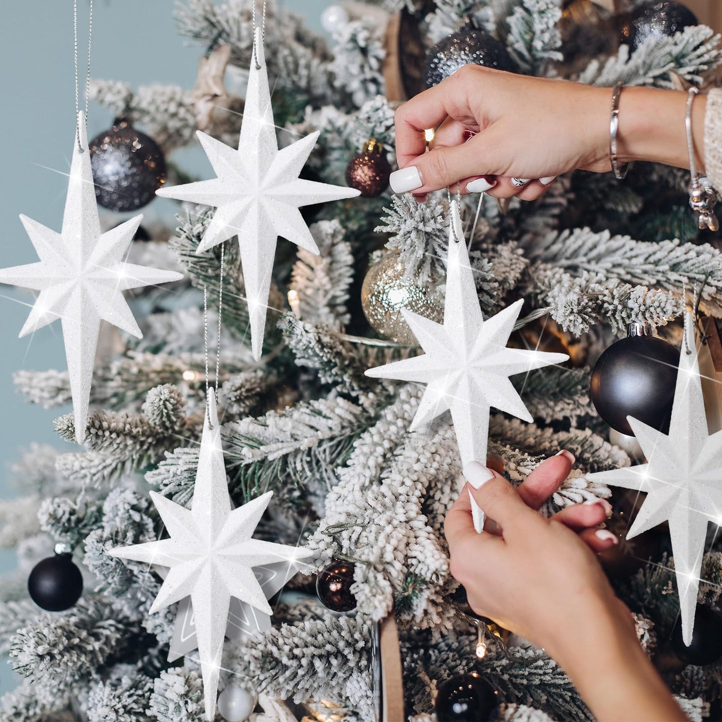 Quzzil 12 Pcs Christmas Bethlehem Star White Ornament 4.72 x 2.95 Inch Star of Bethlehem Christmas Tree Topper Glitter Ornament Plastic Nativity Stars Hanging Decor Accessories