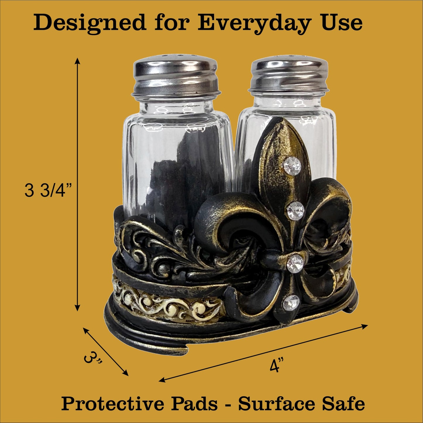 Fleur De Lis Salt and Pepper Shaker Set with Decorative Resin Holder – Glass Shakers with Stainless Steel Lids – French Country Cajun Kitchen Decor – 3 3/4” Tall Tabletop Seasoning Set