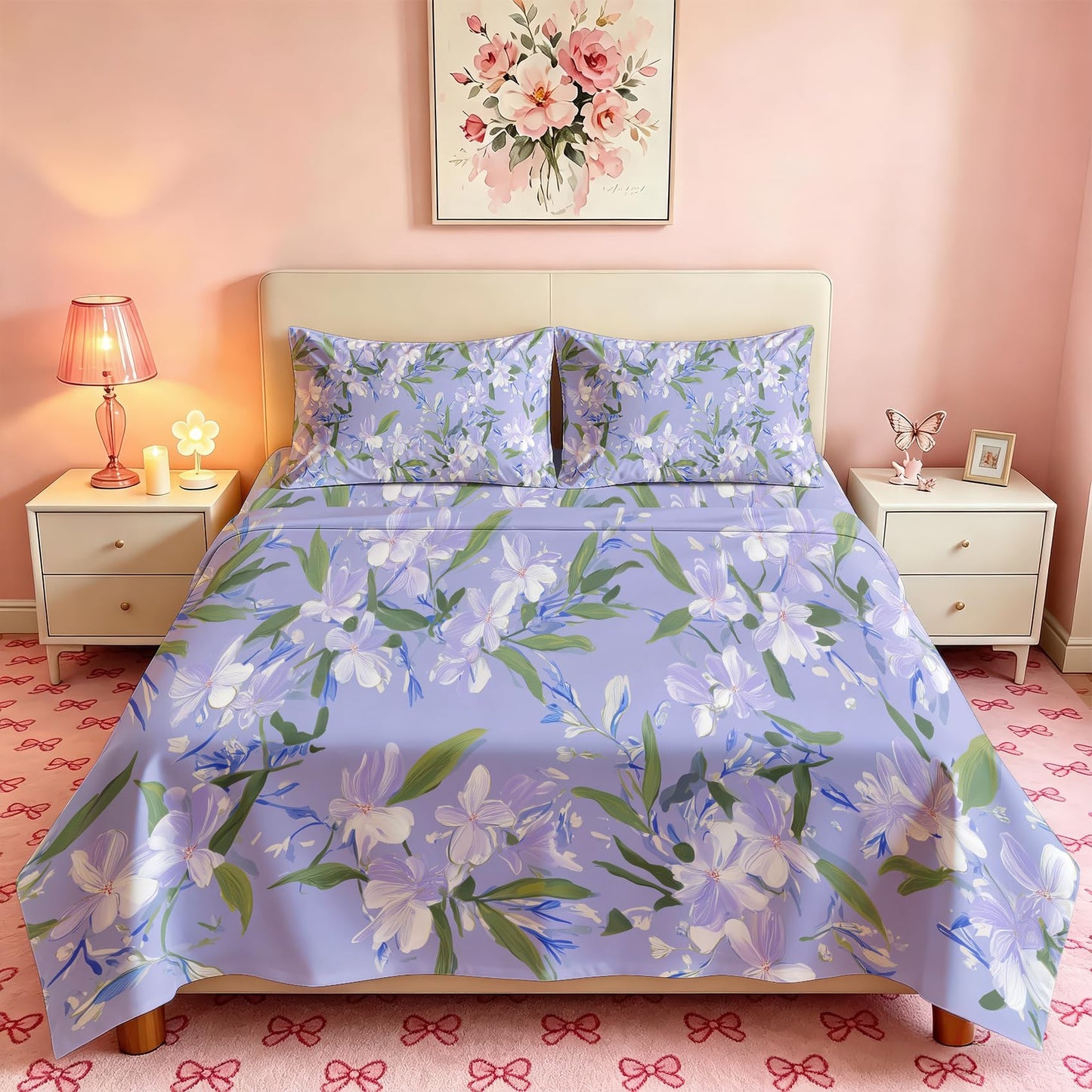 Purple Floral Queen Bedding Set Romantic Flower Sheet Sets