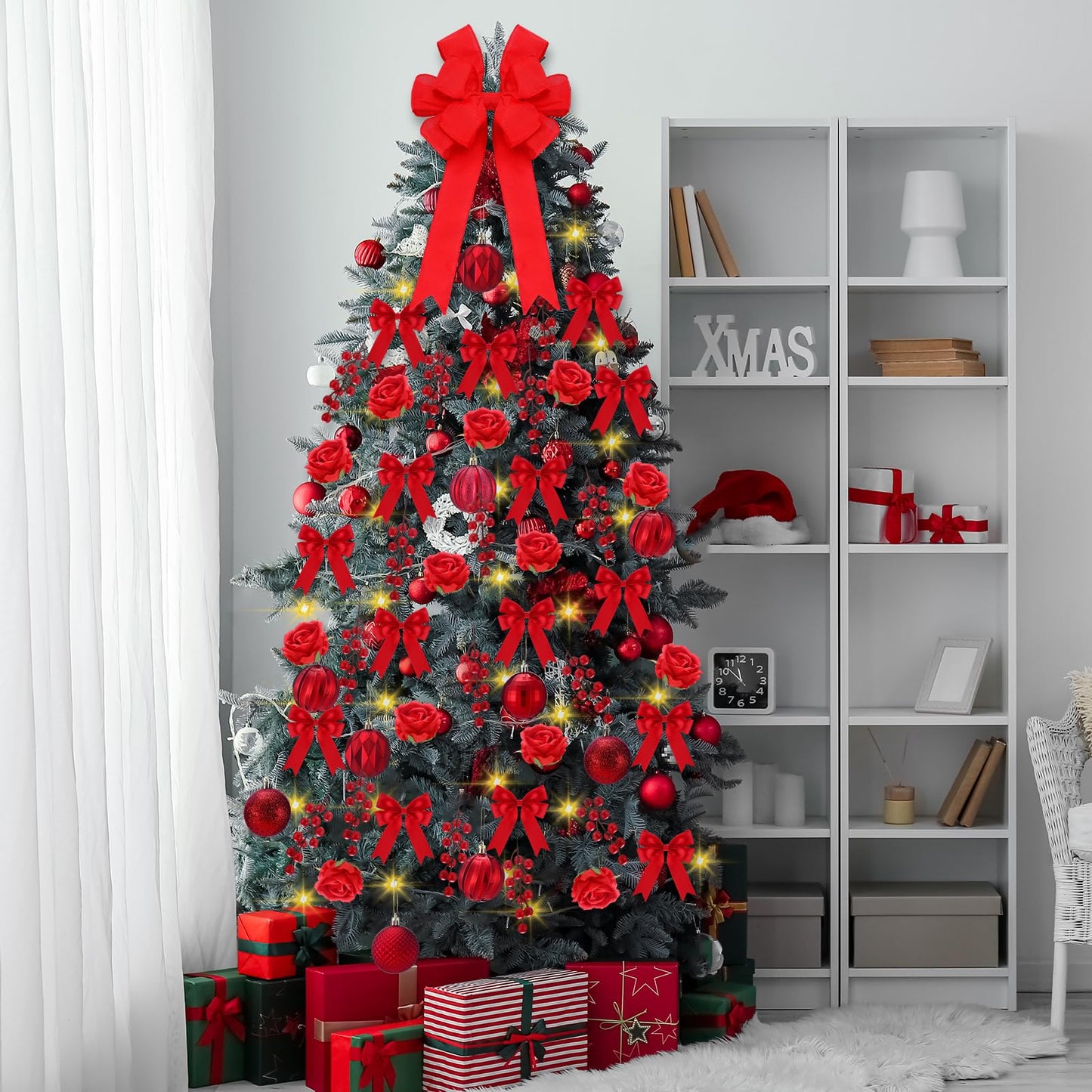 Duraaamo 134 Pcs Rose Christmas Tree Decoration Set Include Faux Red Rose Ornaments Artificial Berries Christmas Balls Ribbon Bows 16.4 ft 50 LED String Lights for Xmas Holiday DIY Crafts (Big)