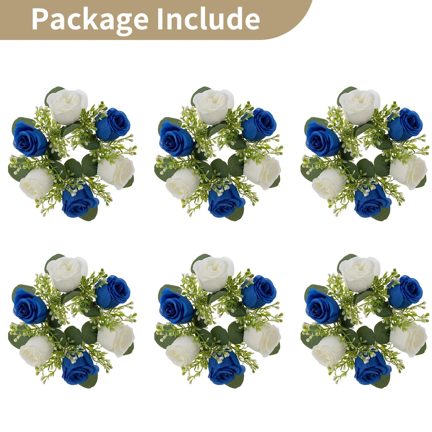 NUPTIO Small Wreath for Table Centerpieces: 9.05 Inch Royal Blue & White Flower Candle Rings for Wedding Party Christmas - Rose Wreaths for Spring Summer Front Door Porch Decor 6 Pcs