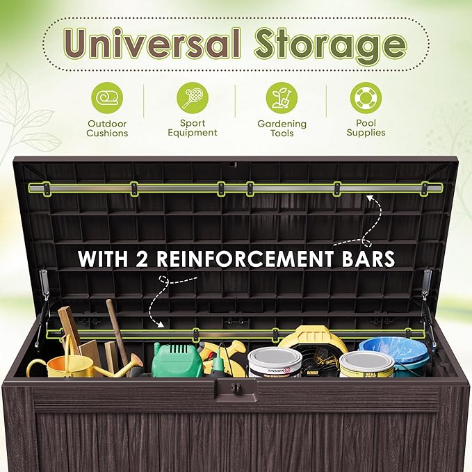 Devoko 125 Gallon Outdoor Storage Box, Waterproof Resin Deck Box for Patio Furniture, Lockable Container for Garden Cushions & Pool Supplies (Brown, 125 Gallon)