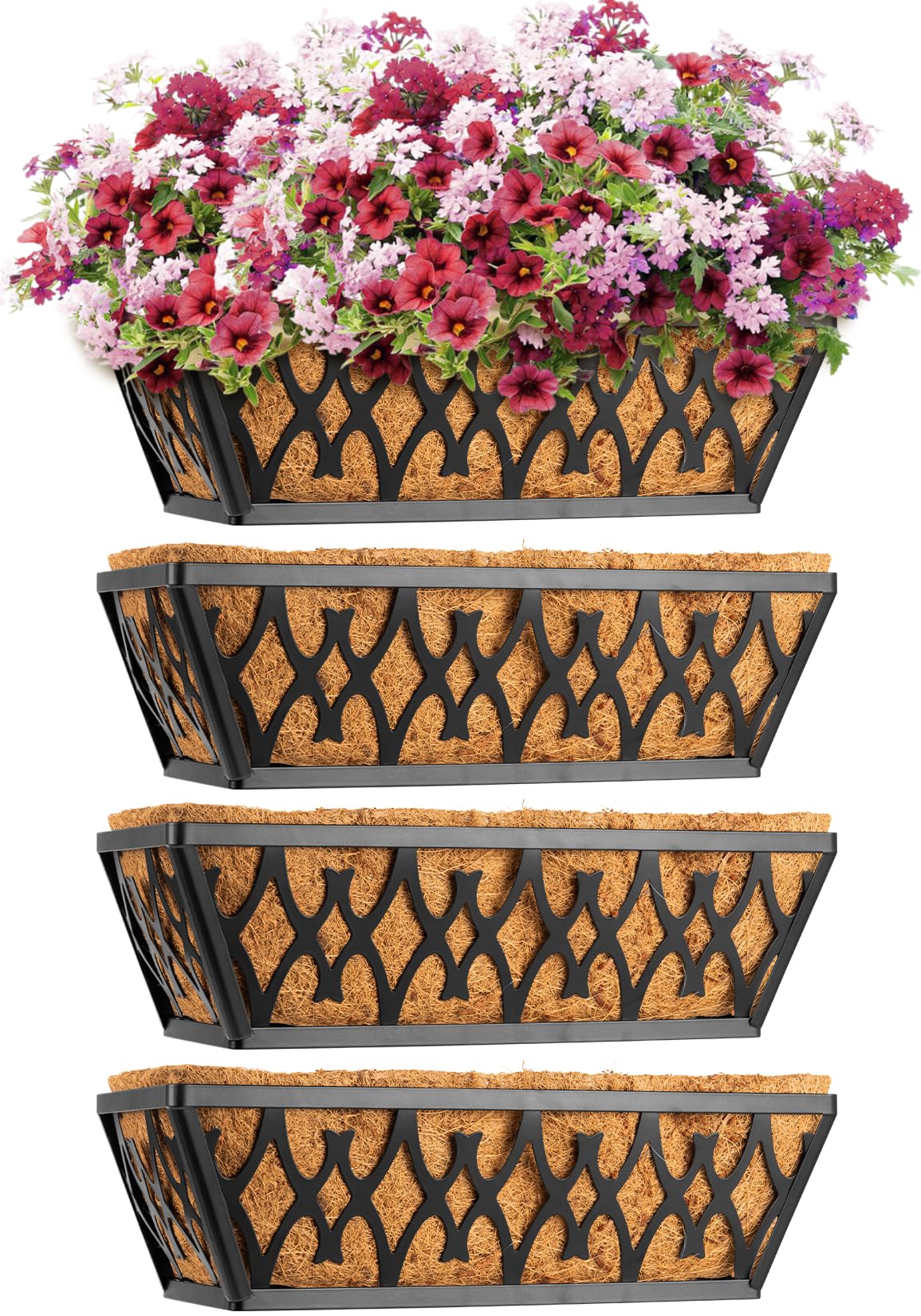 Karlliu 4 Pack 14 Inch Window Boxes Planters Railing Planter Box with Coco Liners Deck Railing Planter Boxes Balcony Hanging Flower Box for Outdoor Plants Garden Decor