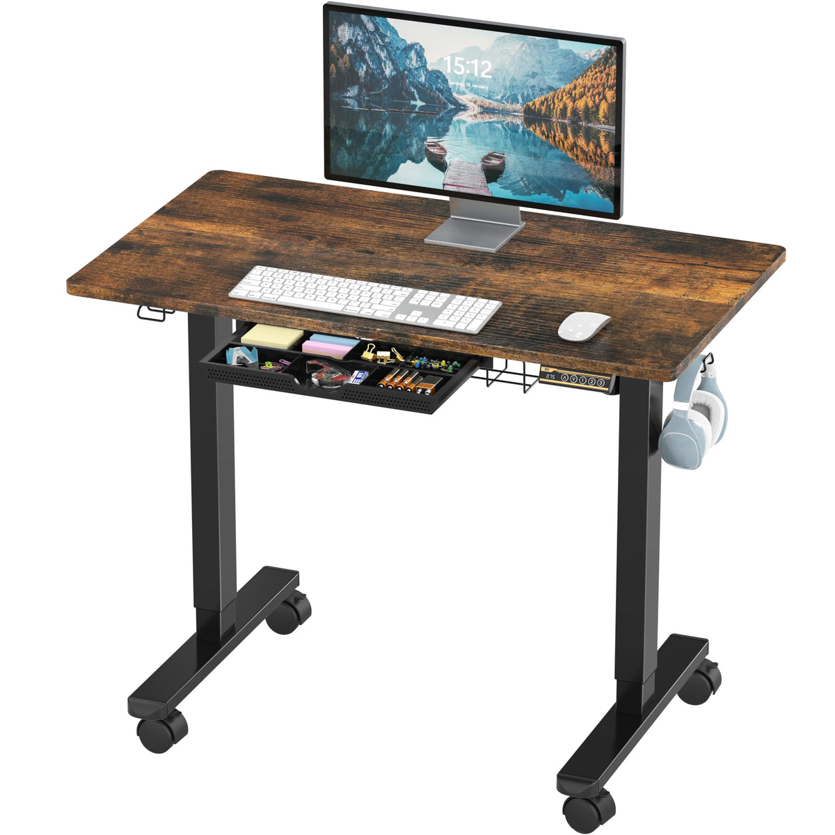 SHW 40-Inch Mobile Electric Height Adjustable Sit to Stand Desk with Drawer, Hanging Hooks and Cable Management, Rustic Brown