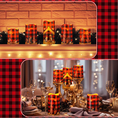 Glooglitter 5 Pcs Buffalo Plaid Nativity Scene Candles Flameless Christmas LED Pillar Jesus Religion Candles Battery Operated with Timer Remote for Xmas Christian Holiday Table Home Decor Church Party
