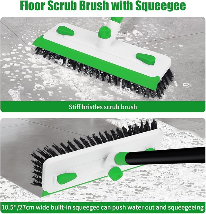 Floor Scrub Brush with Long Handle, 3-in-1 Scrape Scrubber Brush with Squeegee