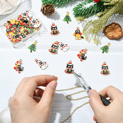 LiQunSweet 30 pcs 5 Styles Christmas Cat Theme Alloy Enamel Charms Xmas Tree Bell Snowman Wreath Candy Cane Charms for DIY Jewelry Bracelet Necklace Earring Craft Keychain Bag