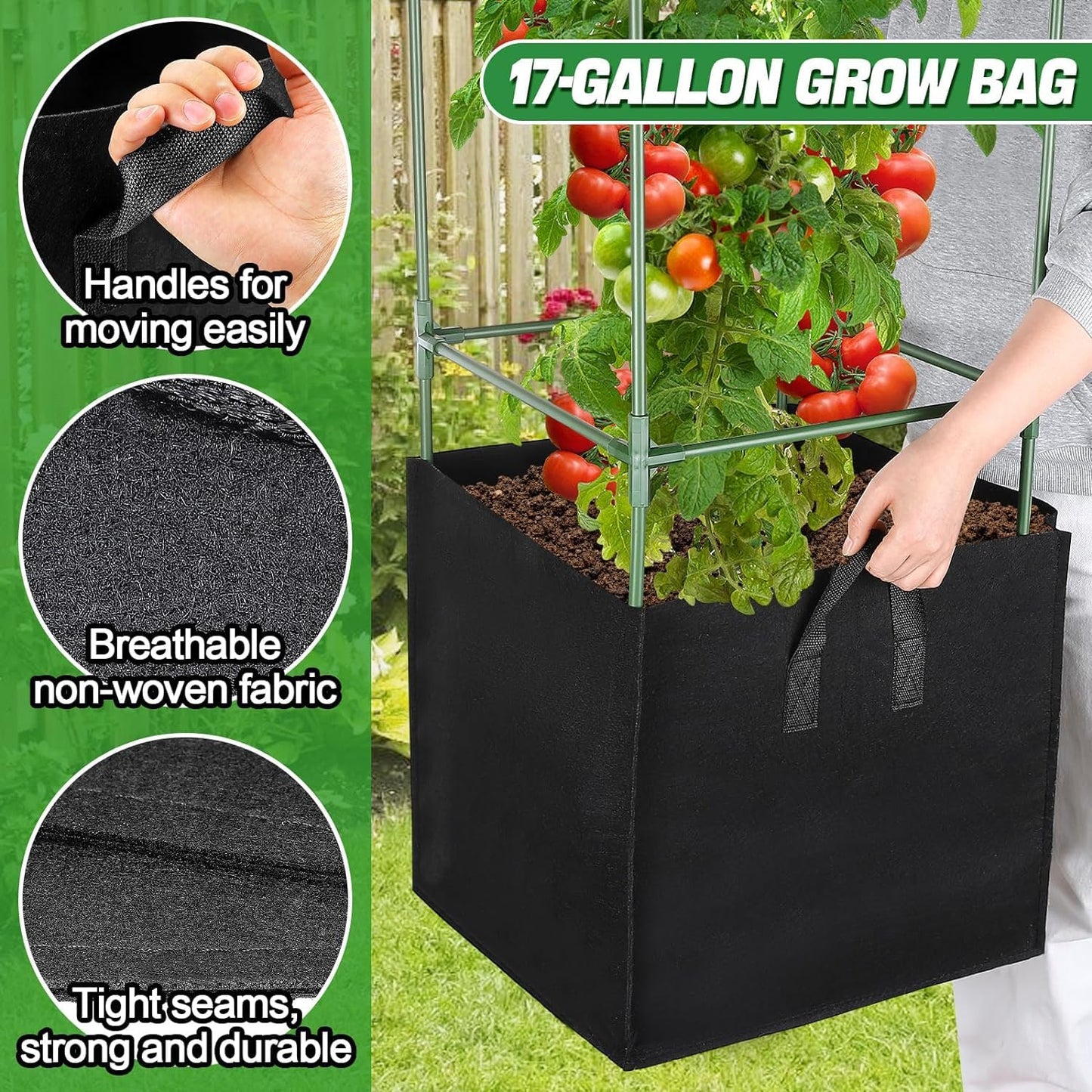 ANPHSIN Sturdy Square Tomato Cage with Movable 17 Gal Grow Bags - 2 Sets 47'' Plants Garden Trellis Planter, Support for Indoor Outdoor, Cucumber, Beans, Peppers, Eggplants, Climbing Vegetables