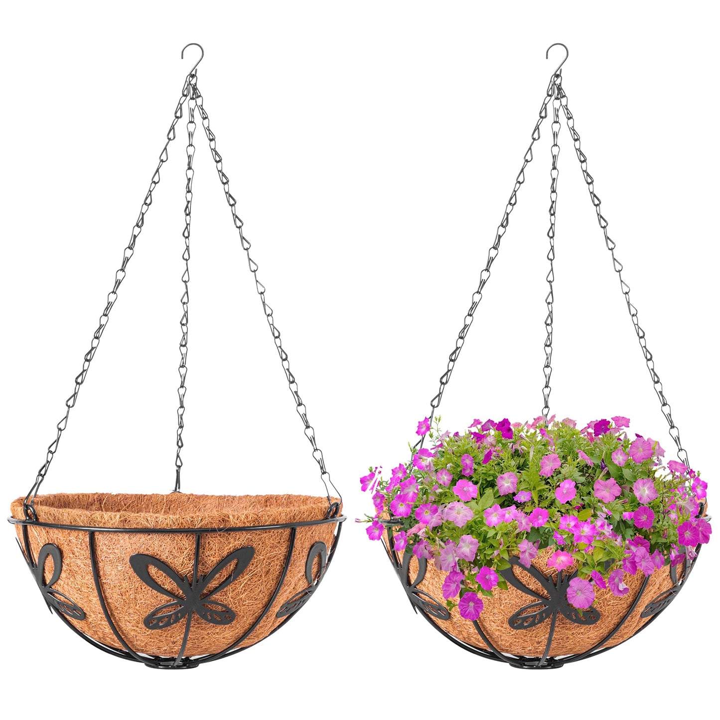 ARVINKEY Hanging Baskets Planter for Plants, 2 Pack 14 Inch Round Metal Wire Hanging Flower Pots with Coco Coir Liner Chain, Plant Holder for Home Garden Balcony Decor