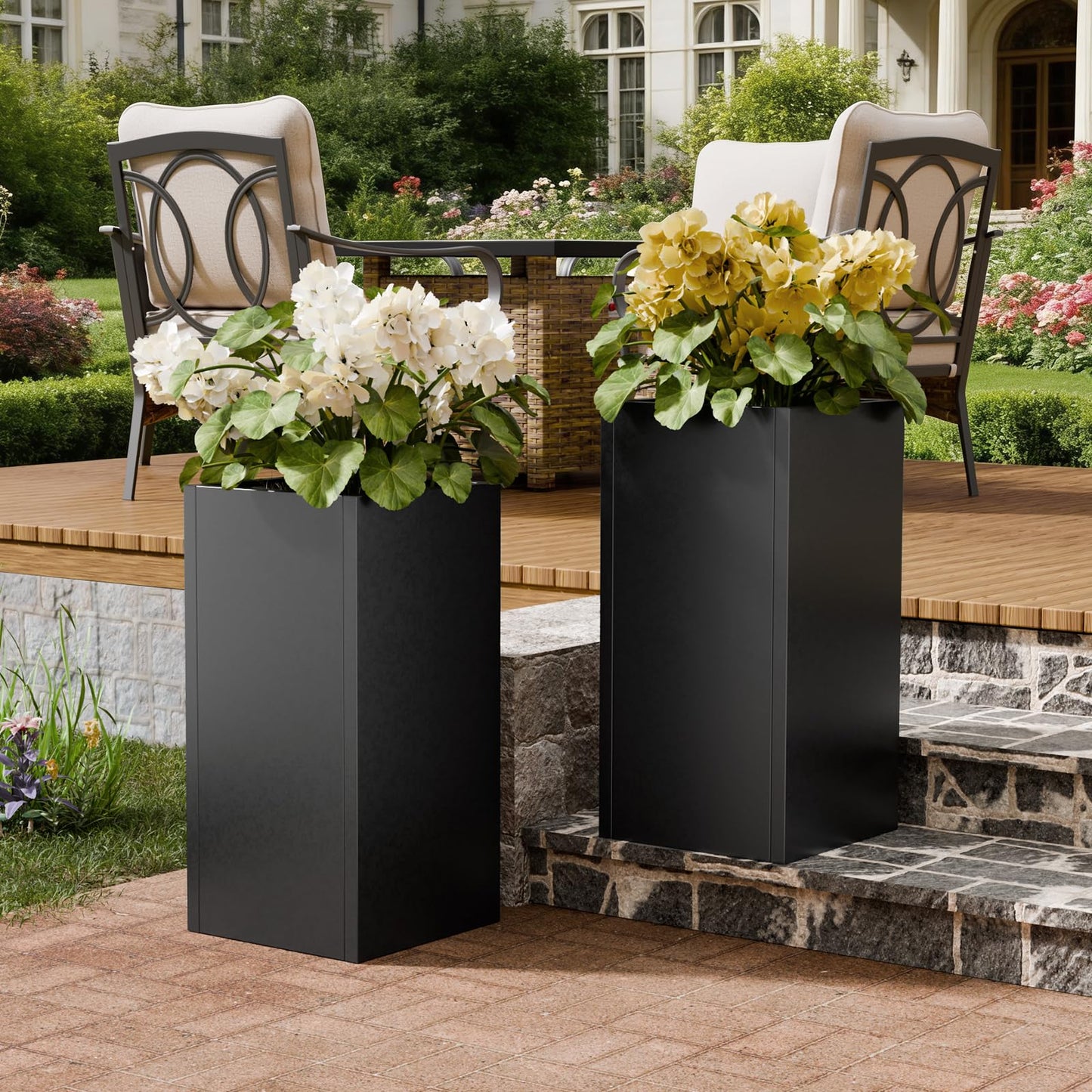Diyfire Tall Metal Planters Box for Outdoor Plants 2 Pack- 23.6" Modern Steel Tall Square Planter with Removable Insert Shelf, Heavy Duty Pedestal Planter Front Porch Decor Patio Garden, Black
