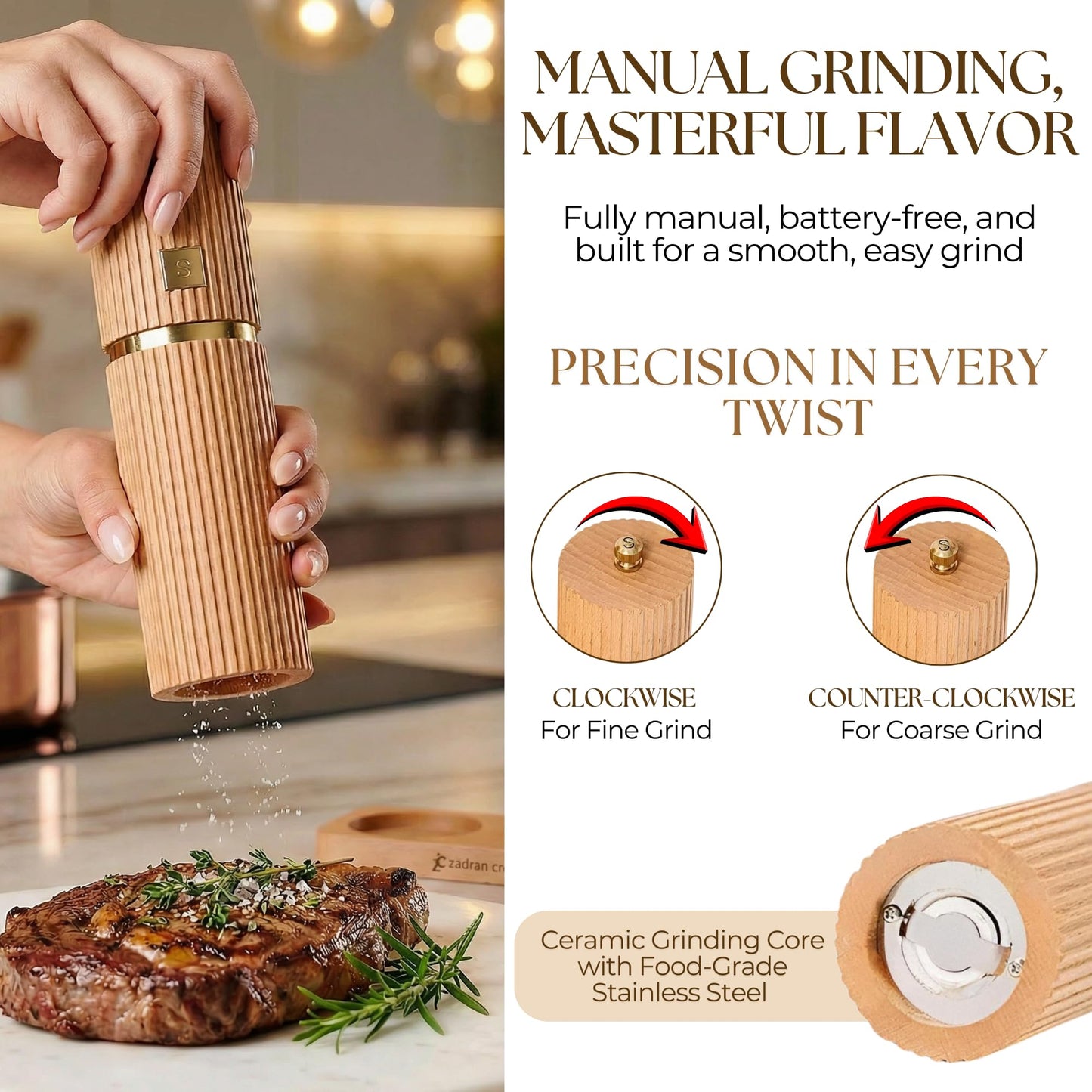 Wooden Salt and Pepper Grinder Set – Refillable Beechwood Salt & Pepper Mills with Gold Accents, Adjustable Ceramic Mill, Matching Wood Stand – Premium Kitchen Gift Set