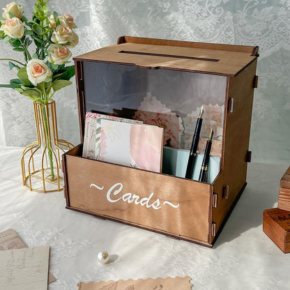OurWarm Wooden Wedding Card Box with Flower Trough, Brown Gift Card Box for Wedding with Acrylic Board, Wedding Card Boxes for Reception Rustic Wedding Decor for Graduation Baby Showers Birthday Party