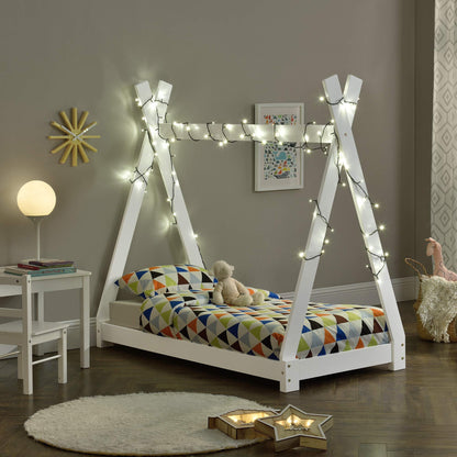 [en.casa] Children Bed 148x76x140cm Matte White Bed for Kids Pine Wood Bed Frame Indian Tent Design
