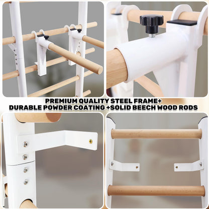 PreGymnastic Stall Bars, Swedish Ladder for Adult and Kids, Wall Bar with Solid Beech Wood Rods, Durable Steel Frame, Adjustable Pull Up and Dip for Strength, Flexibility at Home Gym, Studio