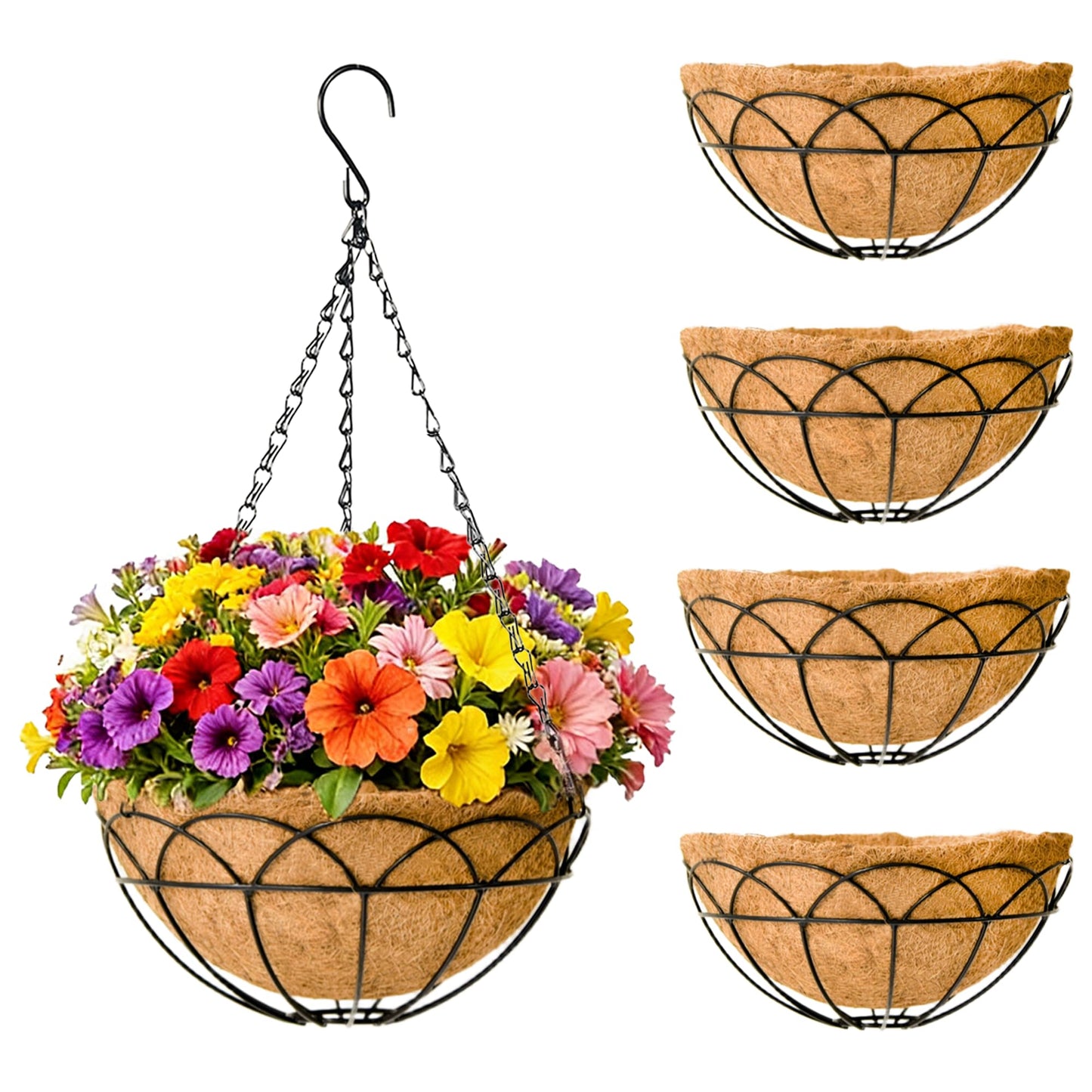 EIMQUVW 4-Pack Outdoor Metal Hanging Baskets 14 Inches Black Round Flower Pot with Coconut Fiber Lining Decorative Wire Hanging Planter Suitable for Patios Gardens and Walls