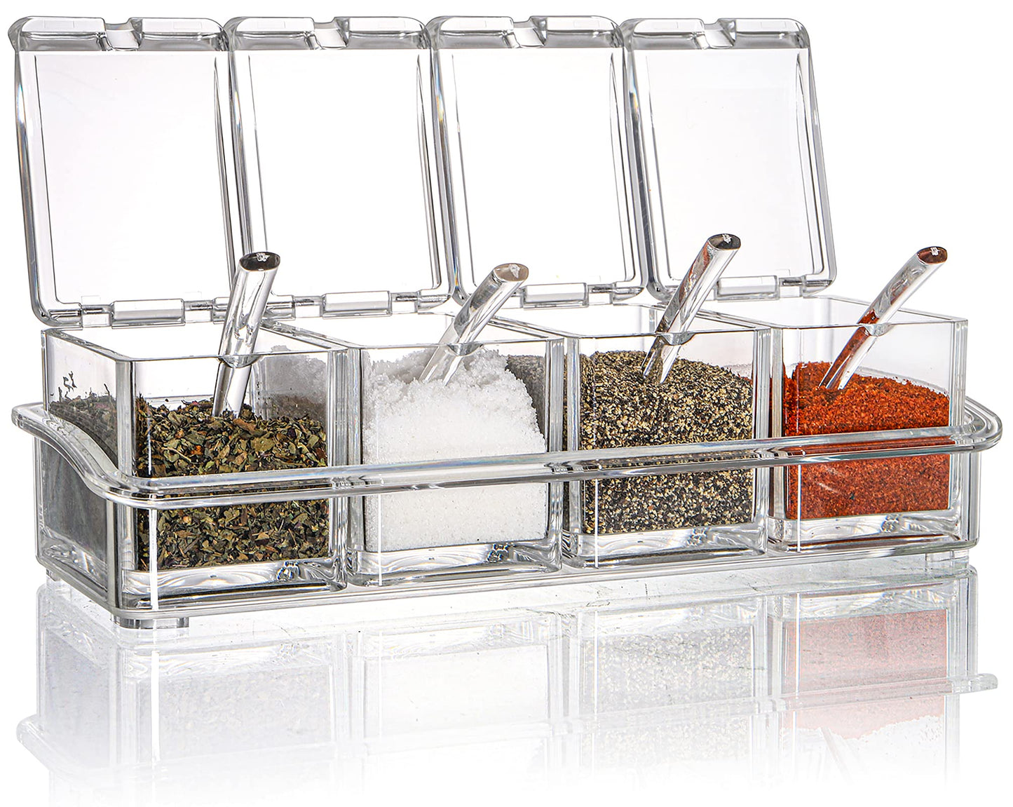 Yesland Clear Seasoning Rack Spice Pots - 4 Piece Storage Container Condiment Jars - Acrylic Seasoning Box, Cruet with Cover and Spoon