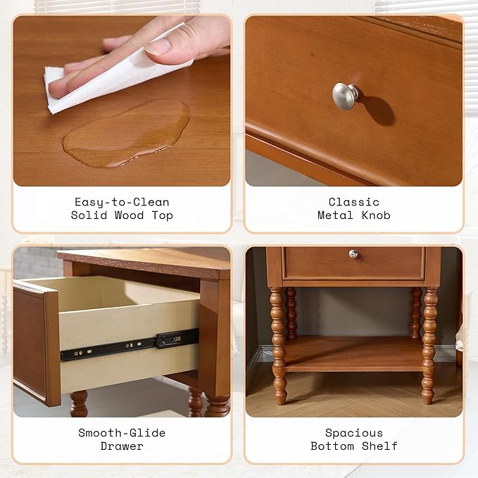 AMERLIFE 24" Wooden Nightstand Set of 2, Vintage Bedside Table
