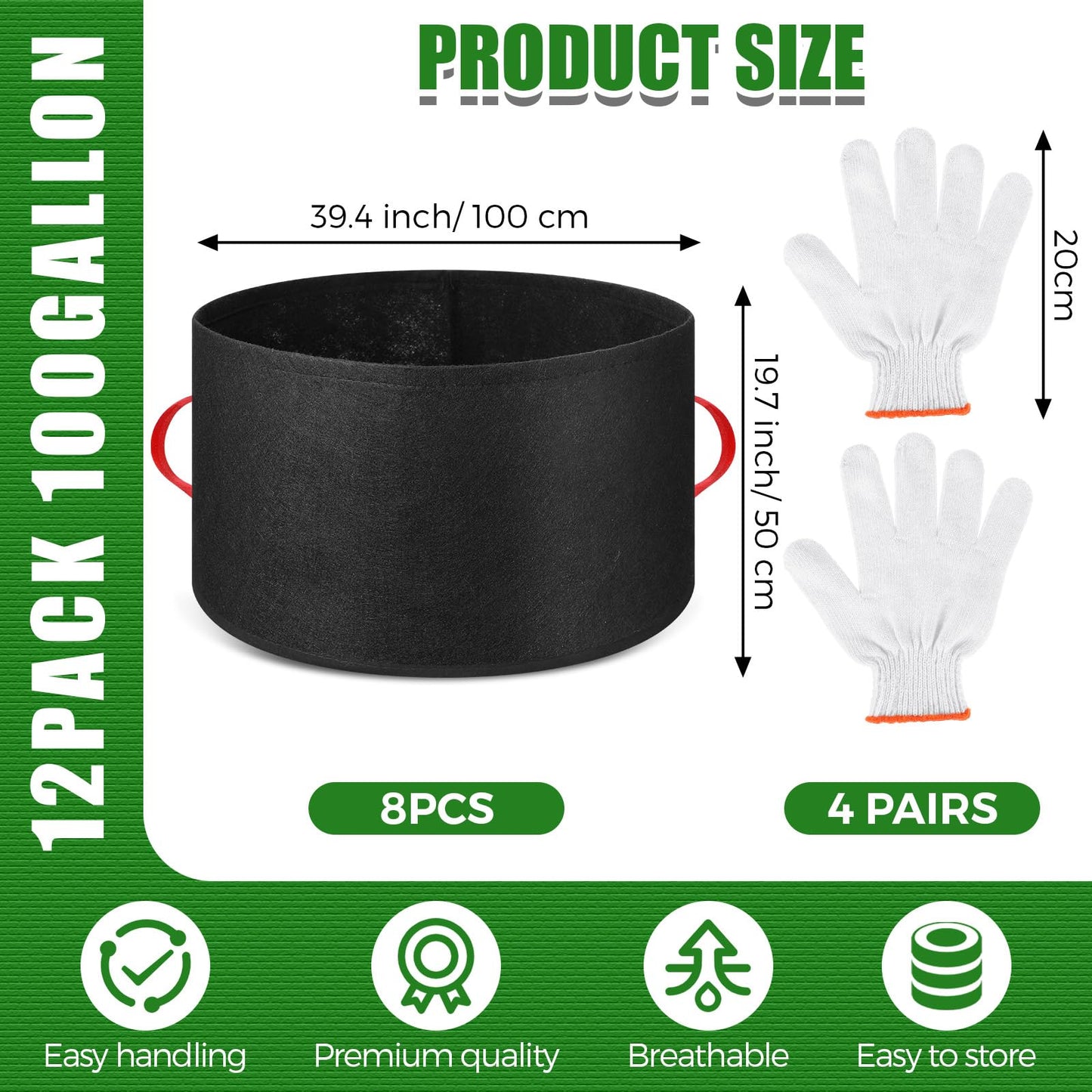Nuenen 8 Pack 100 Gallon Plant Grow Bags Bulk Breathable Nonwoven Fabric Pot with Handles Heavy Duty Nursery Vegetable Pots with Gloves for Garden Vegetables Potato Plants Flower Growing Planting