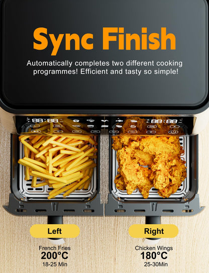 10L Dual Air Fryer, 2 Nonstick Drawers with Visible Window,10-In-1 Cooking Presets, Sync Cook & Finish, Smart Touch Screen, 1-24H Timer Function, Uses No Oil& Max Crisp, 50℃ to 200℃, Dishwasher Safe