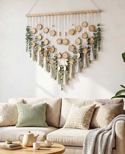 Tempospark Artificial Eucalyptus Wall Decor Hanging, Boho Bathroom Wall Decor, Fake Greenery Leaves Stems with Wood Slices Tassels on 33.1" Stick, for Living Room, Bedroom, Kitchen, Home Office