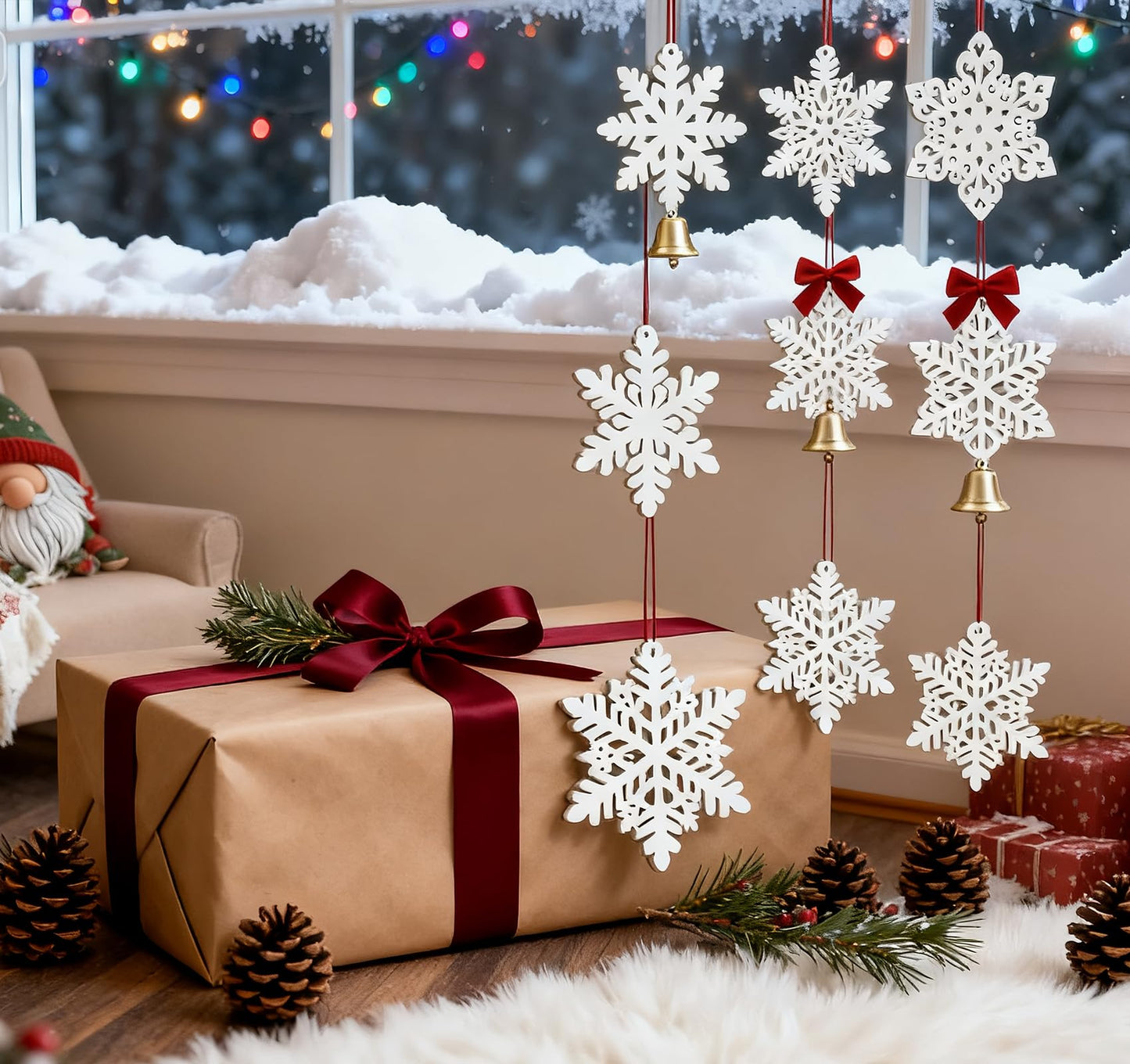 HOUÍSM 24PCS Wooden Snowflake Ornaments, White Hanging Decorations for Christmas Tree, Snowflake Christmas Ornaments Wood for Crafts 3inch