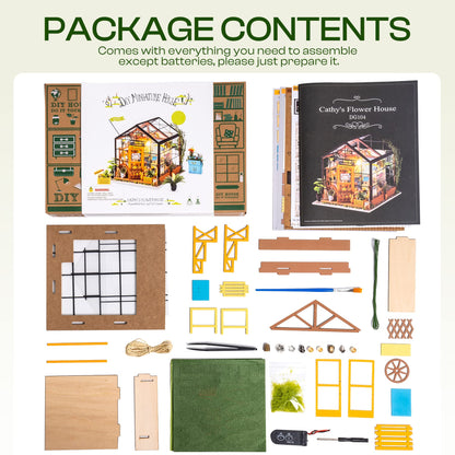 ROBOTIME DIY Miniature House Kit Mini Green House Tiny Dollhouse Wooden Furniture Kit with LED Halloween/Christmas/Birthday Gifts for Adults (Cathy's Greenhouse)