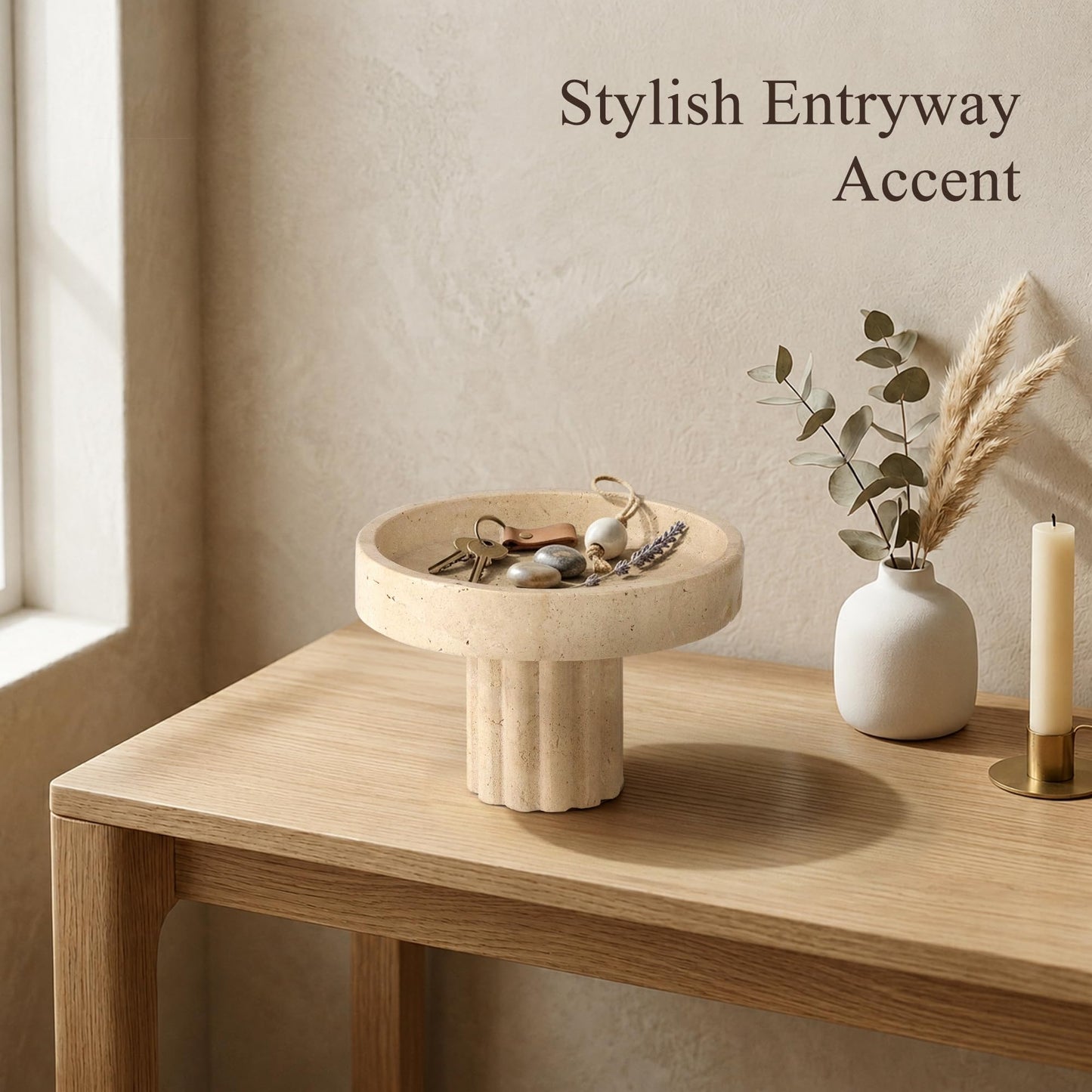 YMXYJM,Travertine Decorative Tray,Pedestal Display Stand,Beige