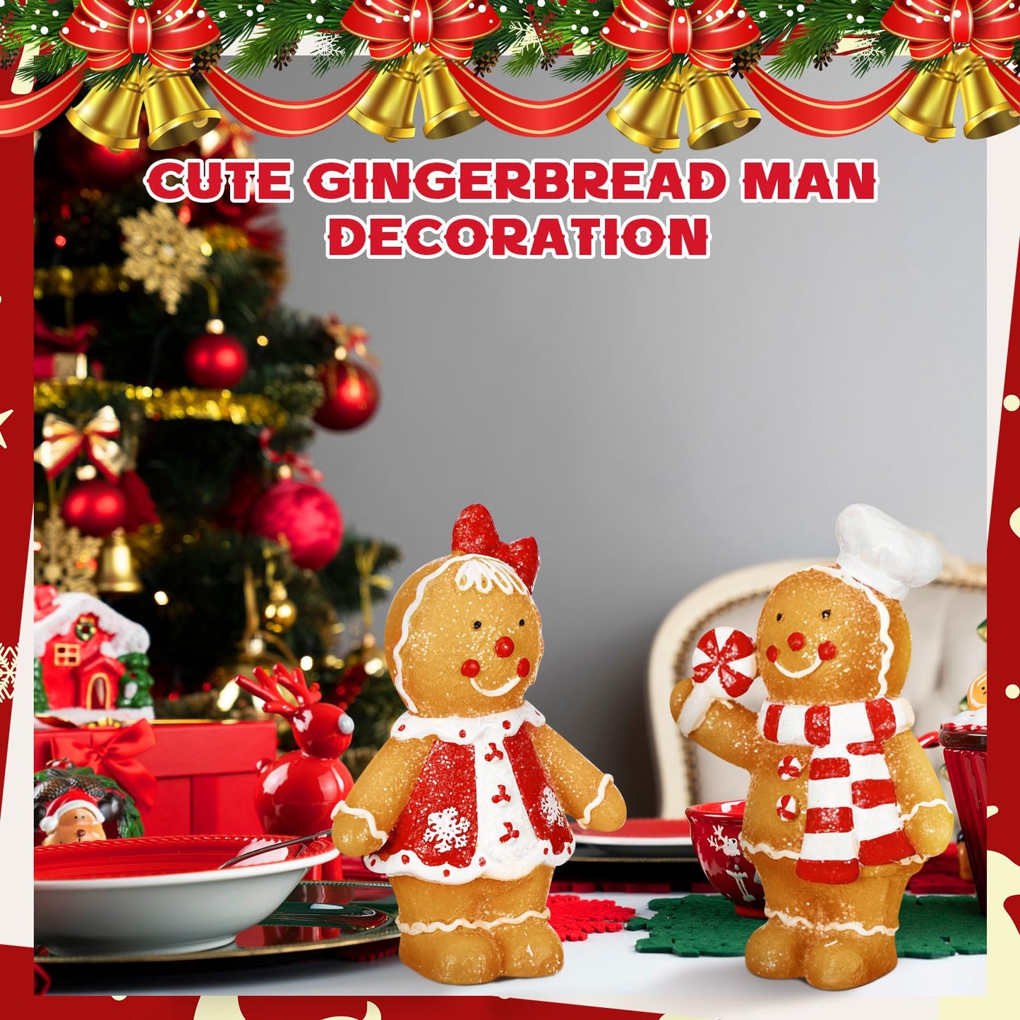 Moucuny 2 Pieces Christmas Gingerbread Decorations Christmas Resin Gingerbread Man Figurines with Chef Hat Candy Bow Scarf Gingerbread Table Decor Christmas Decor for Home Kitchen Mantel Decorations