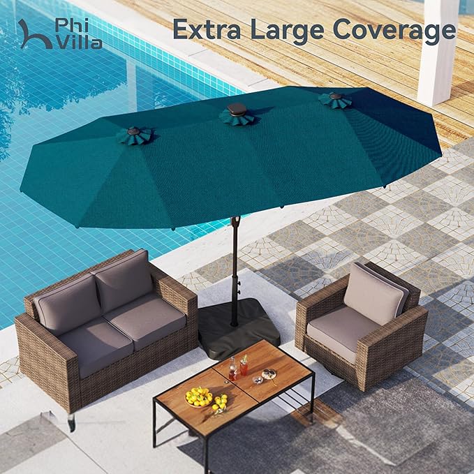 PHI VILLA 13ft Patio Umbrella with Solar-Powered 120 PCS LED Color-Changing Lights, Triple-Head Large Rectangle Umbrella Outdoor Patio for Table with Crank Lift,Cyan(No Base)