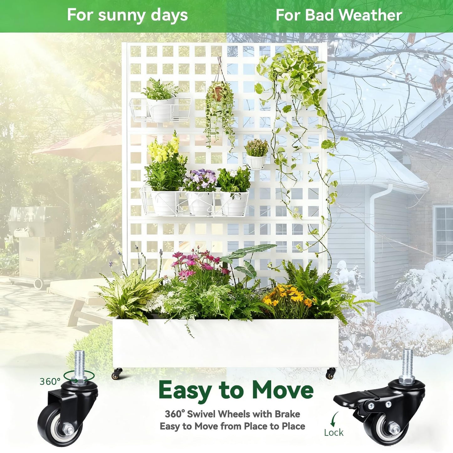 Metal Planter Box with Trellis, 71"x47"x16" Raised Garden Bed Outdoor with Privacy Screen & Lattice Trellis & Lockable Casters, Vertical Garden Box with Drainage Hole for Climbing Plants, Vegetable