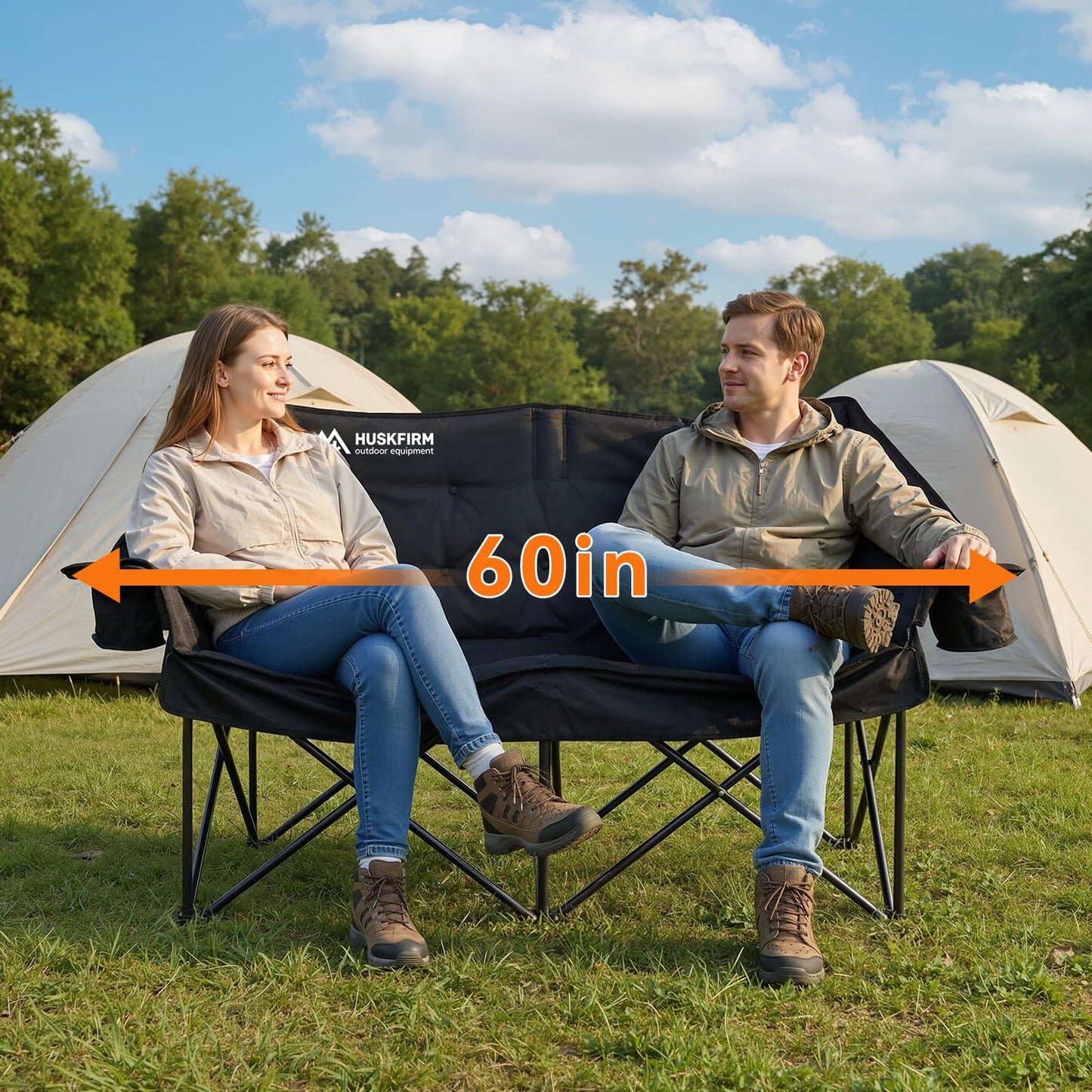 Huskfirm Double Camping Chair Padded Camping Chairs Heavy Duty 2 Person Camping Chair Oversized Loveseat Camping Chair with Cup Holders Camping Couch Support 800LBS,Black