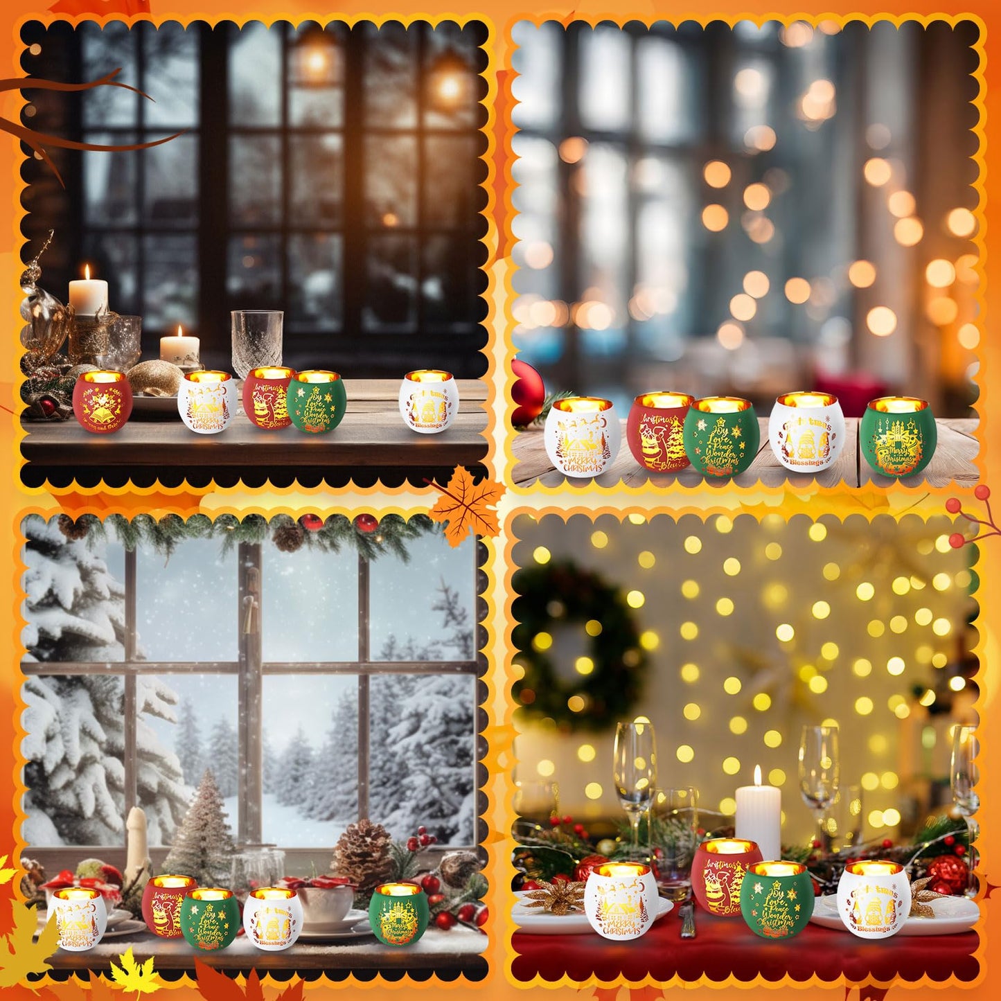 VIHOSE 6 Set Christmas Votive Candle Holders Xmas Red Green White Glass Tea Light with LED Battery Operated Candles Flameless Lights Christmas Table Decorations for Home Table Centerpiece Decor Gifts