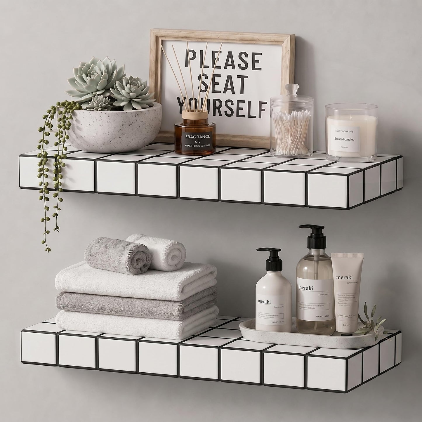 ZttRiee Floating Shelves, Set of 2, 15.7" W, White Frame Black Lines