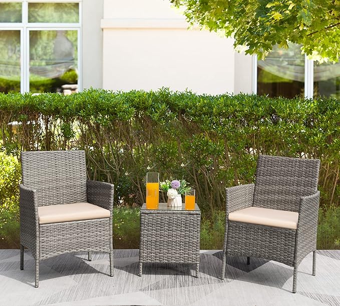Greesum 3 Pieces Patio Furniture Sets Outdoor PE Rattan Wicker Chairs