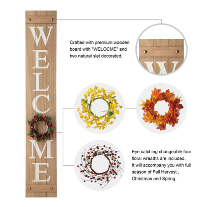 Glitzhome 60”H Welcome Sign with 4 Interchangeable Floral Wreaths for Front Door Porch Farmhouse Wooden Hanging Wall Sign for Seasons Spring Fall Harvest Thanksgiving Christmas