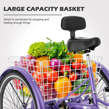 EOYOBIKE Adult Tricycle 3-Wheel Cruiser Bike, Low Step-Through, Heavy-Duty Comfort Trike with Adjustable Handlebar & Spring Saddle, Large Rear Basket, for Seniors & Adults (Amethyst Dusk, 26" Tire)