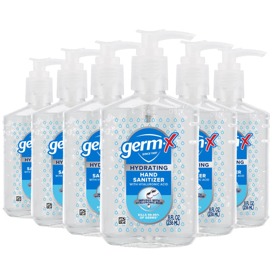Germ-X Hand Sanitizer, Hydrating with Hyaluronic Acid, 8 Fl Oz Pump (Pack of 6) Instant & No Rinse Formula for All Skin Types, Back to School Supplies, Formulated without Parabens, Phthalates & Dyes