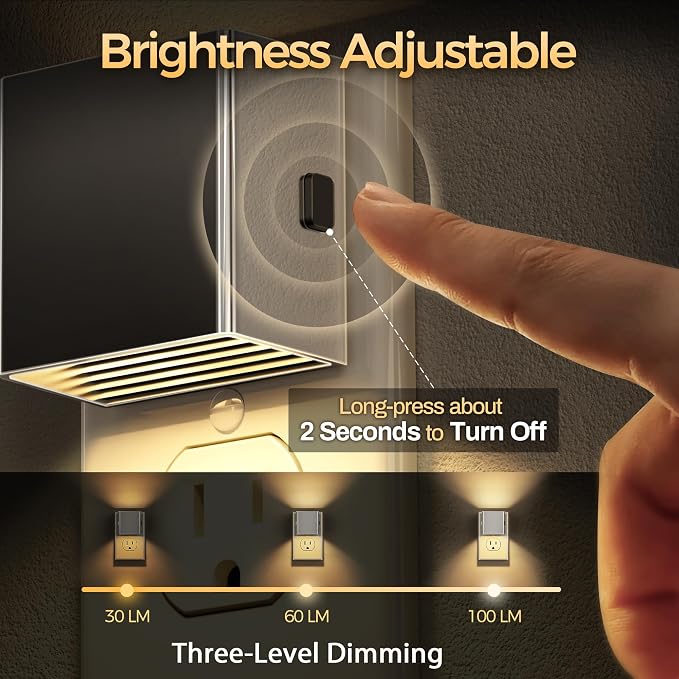 DORESshop LED Night Lights Plug into Wall [2 Pack], Plug in Nightlight, 3 Level Brightness Adjustable Night Light, Dusk to Dawn Sensor, Nightlights for Adults, Bedroom, Bathroom, Hallway, Silver Cover