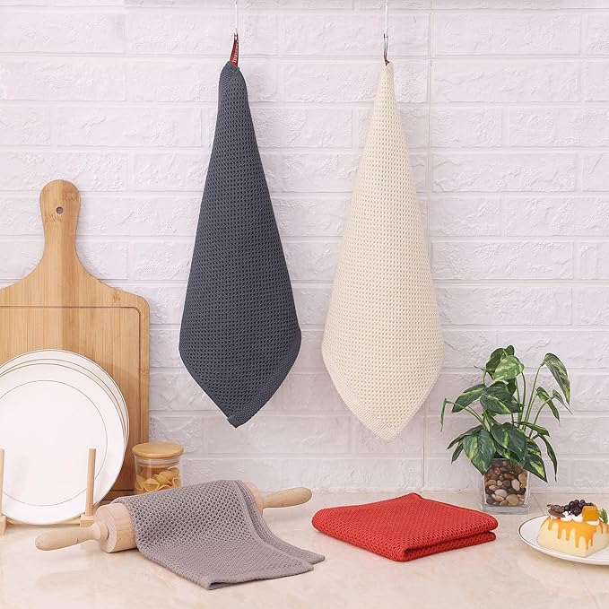 Kitinjoy 100% Cotton Kitchen Dish Cloths, 12 Pack Waffle Weave Ultra Soft