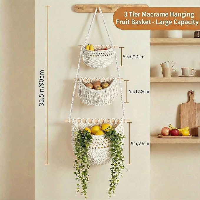 3 Tier Hanging Fruit Basket, Jute Wall Baskets, Hanging Produce Baskets