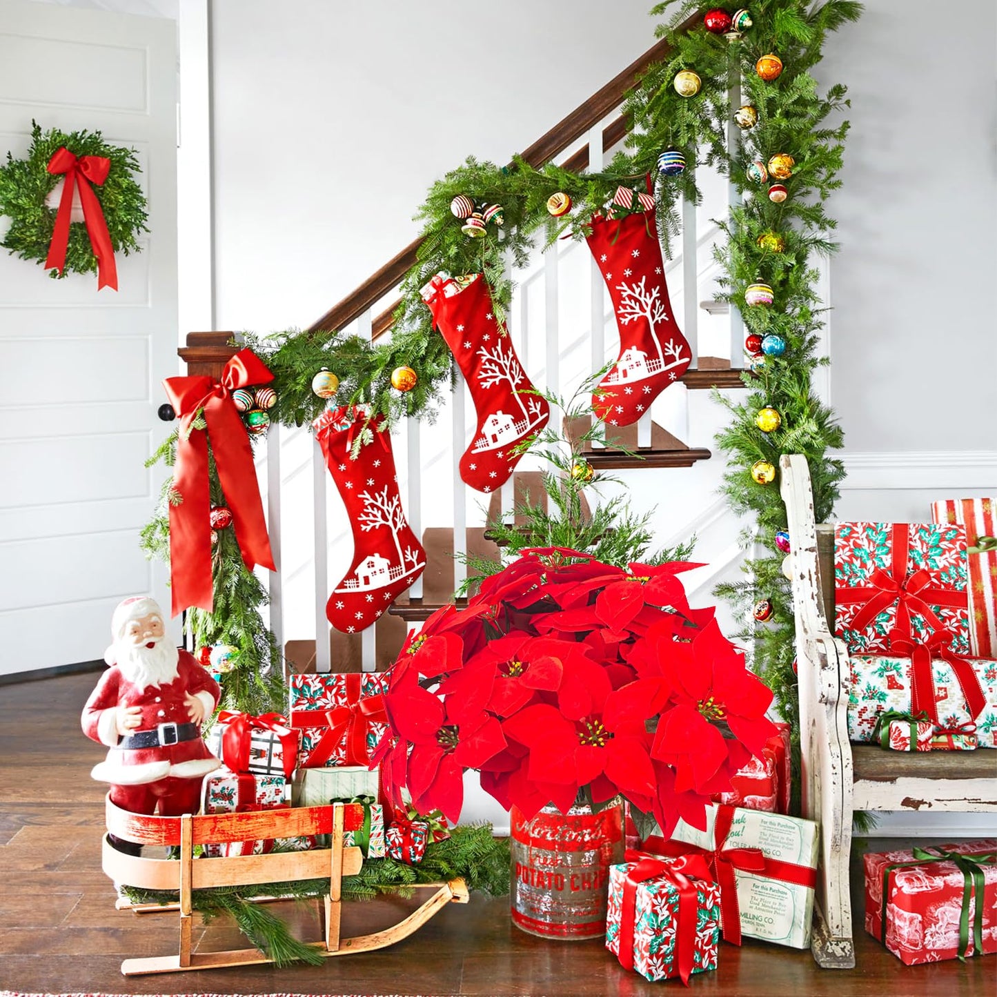 Grunyia 5 Artificial Poinsettia Flowers Bouquet Christmas 7 Heads 19.6”Faux Red Poinsettia Bush Fake Flowers for Home Porch Xmas Tree Garden Indoor Outdoor Office Christmas Decorations