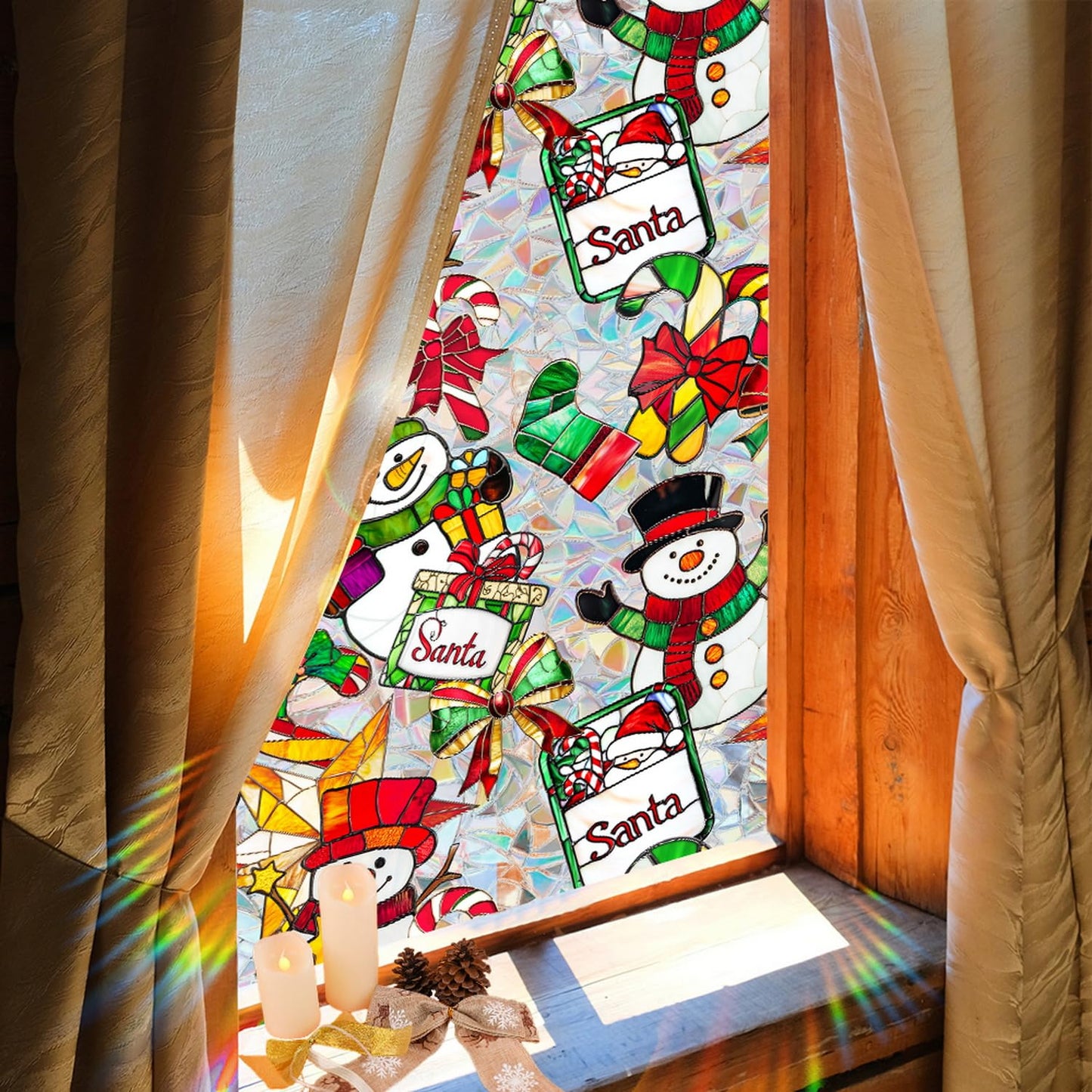 Christmas Stained Glass Window Cling Rainbow Tinted Window Film Privacy Stained Glass Window Decal Snowman Bow Candy Cane Windows Decals for Home School Xmas Party Decoration 17x 39.3 Inch